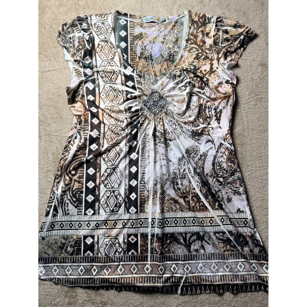 Unity World Wear Womens Large Paisley Geometric Rhinestone Tunic Top Boho y2K